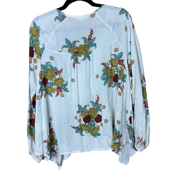 Coco + Jaimeson Cream Floral Print Fall Tassel Scoop Neck Asymmetrical Blouse S - Picture 7 of 10